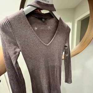 Don’t ask why long sleeve v neck choker mini bodycon dress. Haze purple-ish.